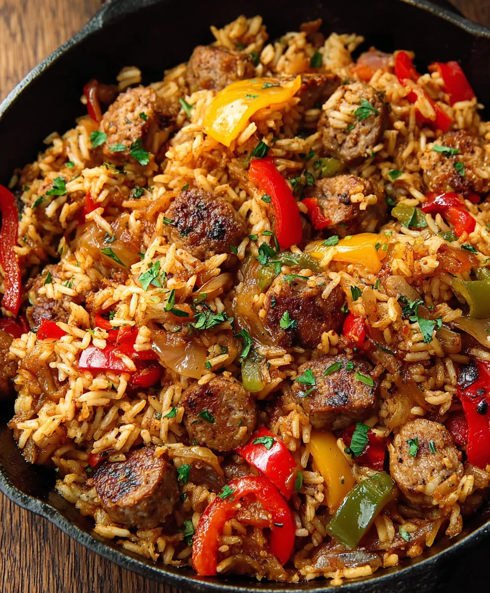 One-Pan Beef Sausage Pepper And Rice Skillet Dinner